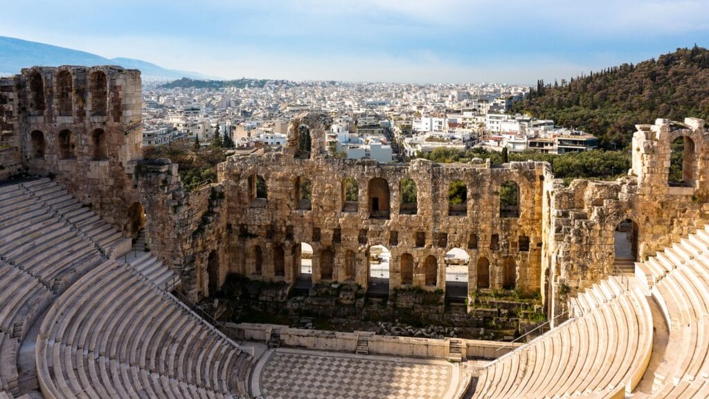 Scenic view of Odeon of Herodes Atticus ruins in Athens, Greece